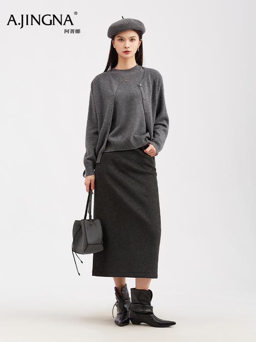 【细腻针织】阿菁娜新款绵羊毛针织开衫微廓形圆领细腻针织通勤百搭外套F30D318015 商品图3