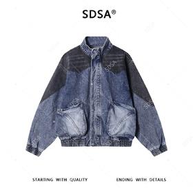 SDSA男士秋冬新款痞帅男装韩版撞色拼接立领牛仔夹克外套百搭宽松
