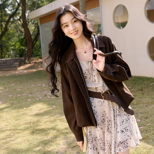 三彩2026春季新款宽松绒感仿麂皮PU外套简约夹克上衣复古拉链S 商品图1