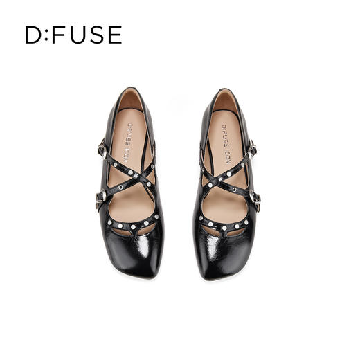 Dfuse迪芙斯2026春季新款尖头双条带铆钉甜酷朋克亮面漆皮单鞋平跟鞋DFE1111048 商品图9