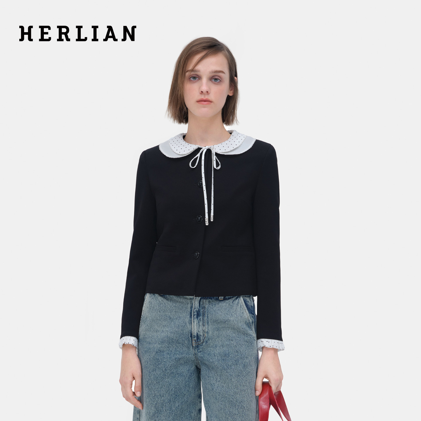 HERLIAN 2026年春季新品双层波点娃娃领设计女士甜酷小香风短外套