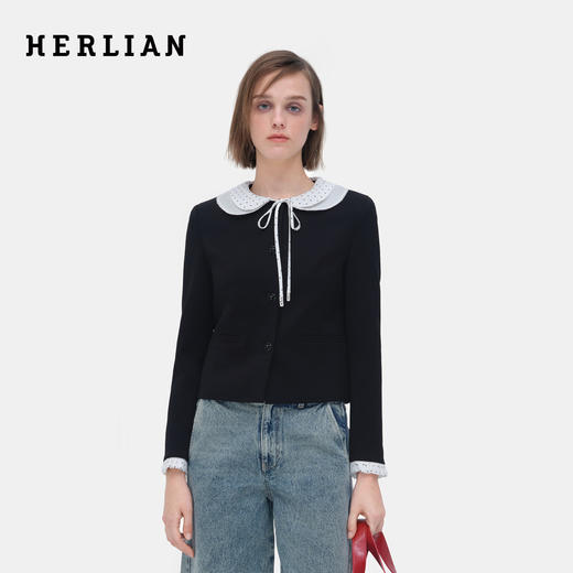 HERLIAN 2026年春季新品双层波点娃娃领设计女士甜酷小香风短外套 商品图0
