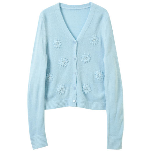 三彩2026春季新款宽松V领长袖开衫针织花朵毛衣毛衫外套上衣M 商品图4