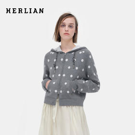 HERLIAN 2026年春季新品波点撞色连帽女士针织外套连帽拉链开衫