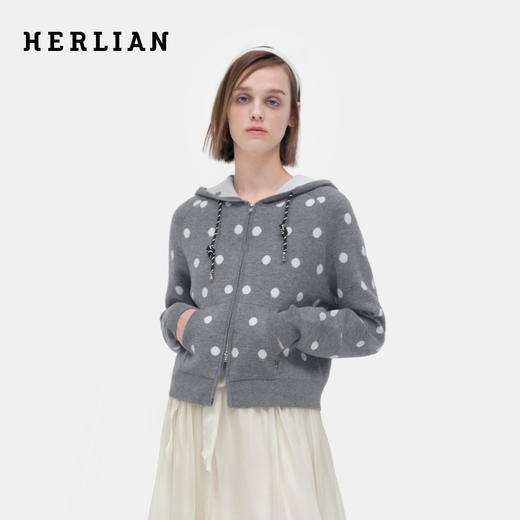 HERLIAN 2026年春季新品波点撞色连帽女士针织外套连帽拉链开衫 商品图0