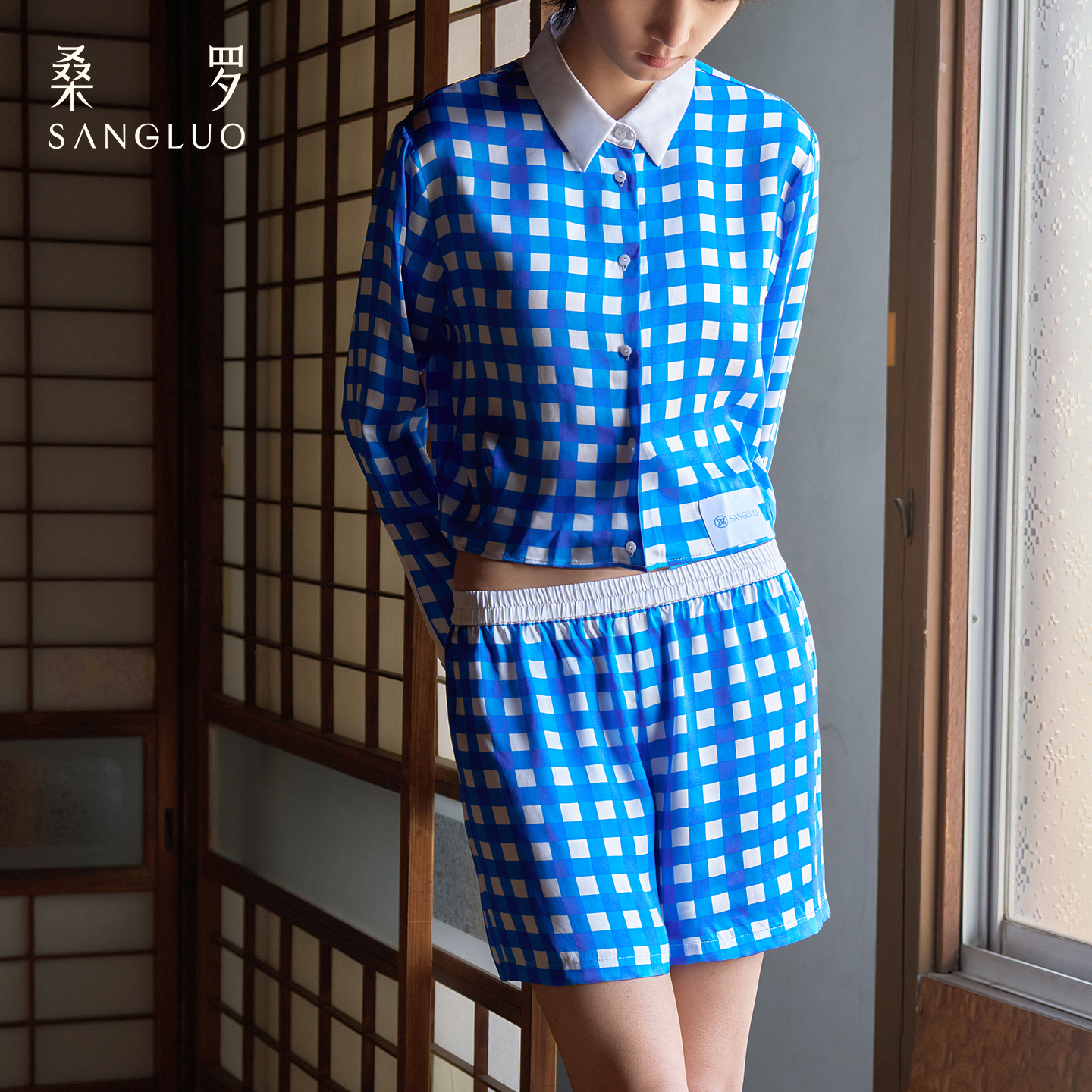 复古文艺』桑罗蓝白格纹睡衣套装桑蚕丝女士家居服可外穿