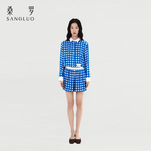复古文艺』桑罗蓝白格纹睡衣套装桑蚕丝女士家居服可外穿 商品图4