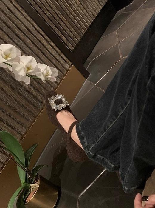 水钻毛呢玛丽珍秋冬加绒方头一字带小粗跟保暖法式女神鞋 商品图1