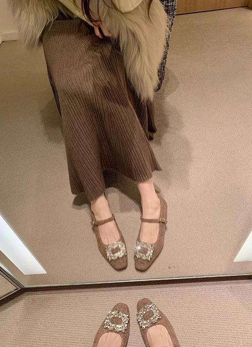 水钻毛呢玛丽珍秋冬加绒方头一字带小粗跟保暖法式女神鞋 商品图4