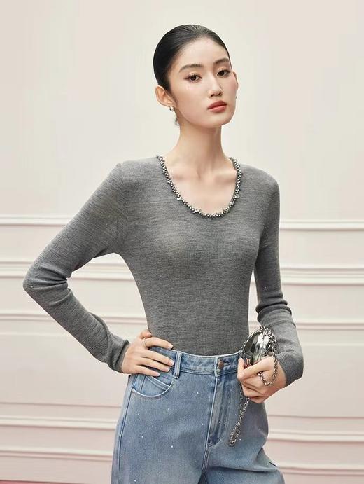 F010780冬季法式气质重工手缝钉钻领亮闪羊毛针织衫 商品图6