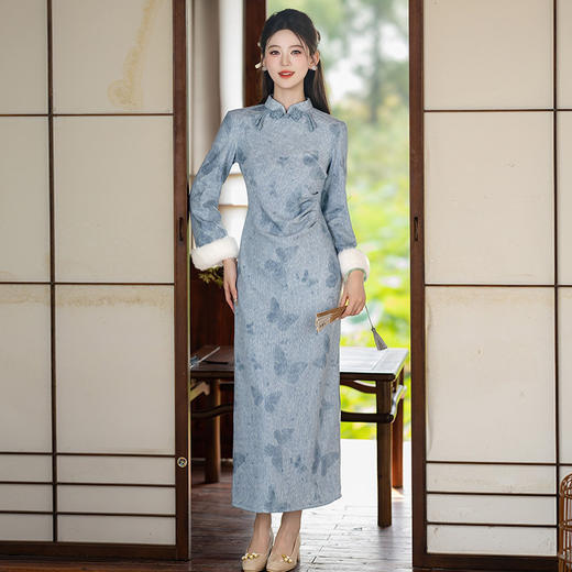 秋冬季蓝色加绒加厚国风新中式长款长袖年轻款复古改良旗袍SC22398 商品图1
