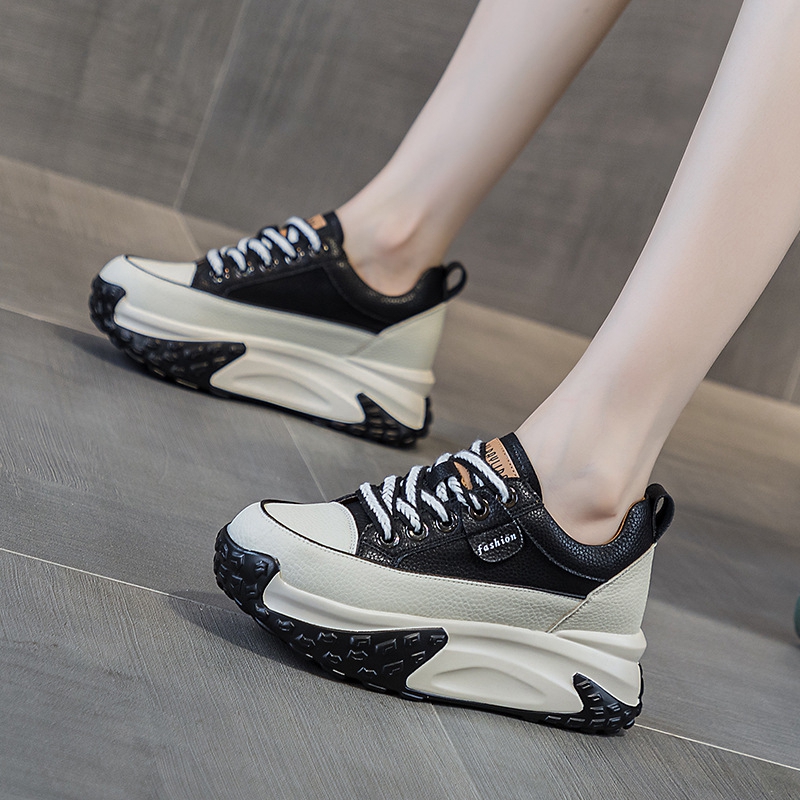 时尚内增高圆头低帮前绑带厚底平底高跟老爹鞋