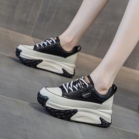 时尚内增高圆头低帮前绑带厚底平底高跟老爹鞋