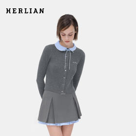 HERLIAN 2026年春季新品不对称领拼接女士长袖针织开衫上衣