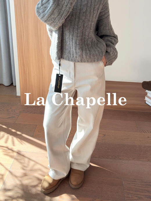 专柜实拍【工装风磨毛牛仔】拉夏贝尔/La Chapelle高腰后松紧百搭直筒阔腿裤显瘦长裤 商品图1