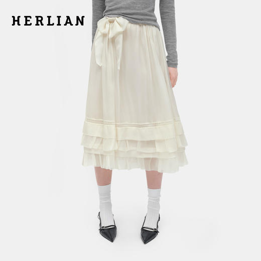 HERLIAN 2026年春季新品蝴蝶结装饰花边纱裙桑蚕丝A字荷叶半裙 商品图0