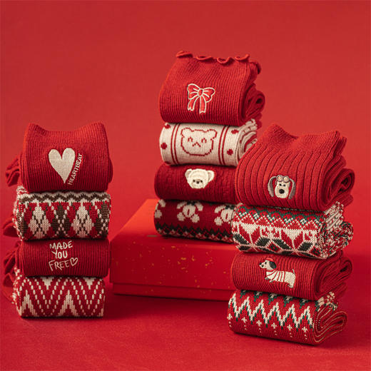礼盒红袜子女秋冬羊绒袜加厚保暖双针无线头新年礼盒装红色中筒袜 商品图3