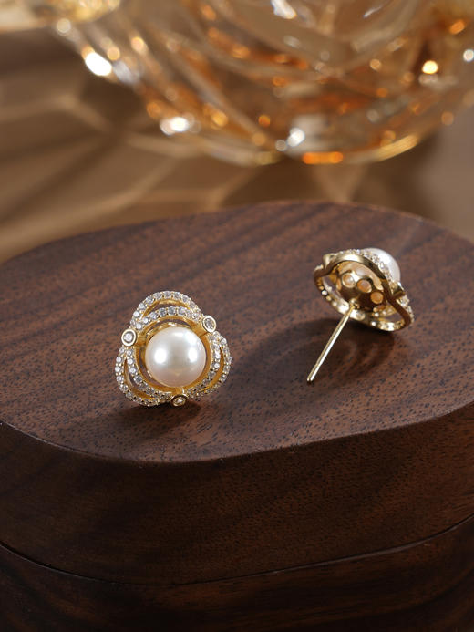 子佩集【玫瑰海雾】银S925珍珠惜王妃耳钉【XXED002】6.8mm珠镀金三环绕2601 商品图6