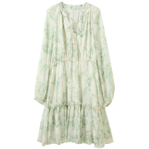 三彩2026春季新款系带V领碎花雪纺裙法式连衣裙A字裙大摆裙S 商品图4