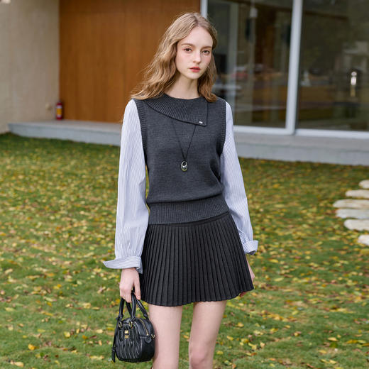 三彩2026春季新款假两件针织衫翻领拼接条纹长袖毛衫套头衫M 商品图3