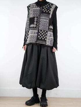 F010710慵懒复古感大地色系拼色针织无袖马甲女