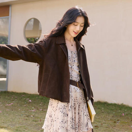 三彩2026春季新款宽松绒感仿麂皮PU外套简约夹克上衣复古拉链S 商品图3