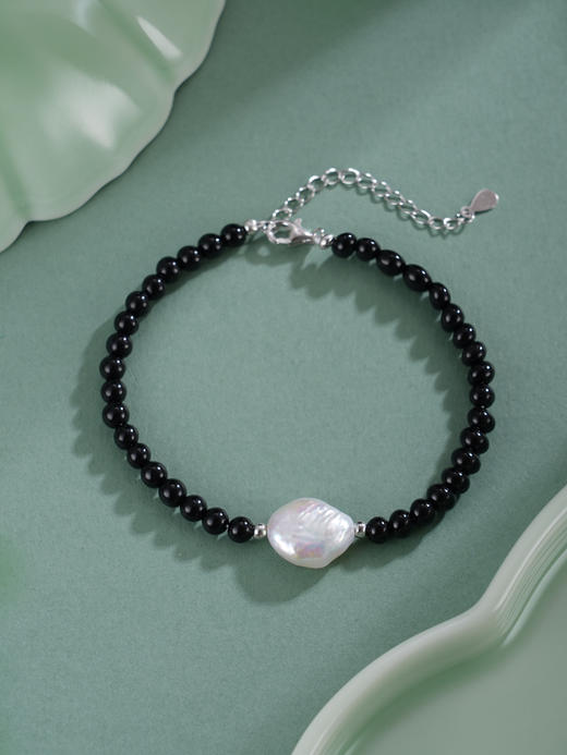 子佩集【黑白秘境】银S925珍珠惜王妃手链【SPB0260002】4mm黑珠10*12mm巴洛克扁珠黑白2601 商品图3