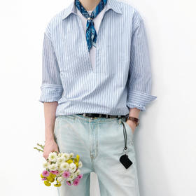 714street条纹深V领假两件长袖衬衫男2026春季休闲半开领夹克外套