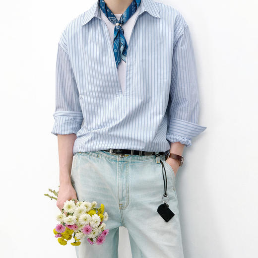 714street条纹深V领假两件长袖衬衫男2026春季休闲半开领夹克外套 商品图0