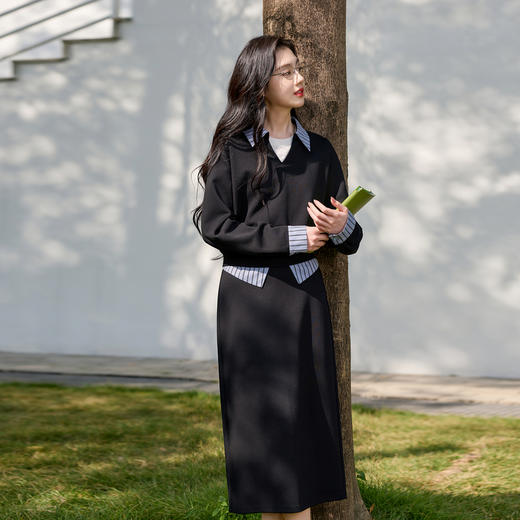 三彩2026春季新款卫衣套装套头翻领上衣直筒高腰半身裙两件套S 商品图2