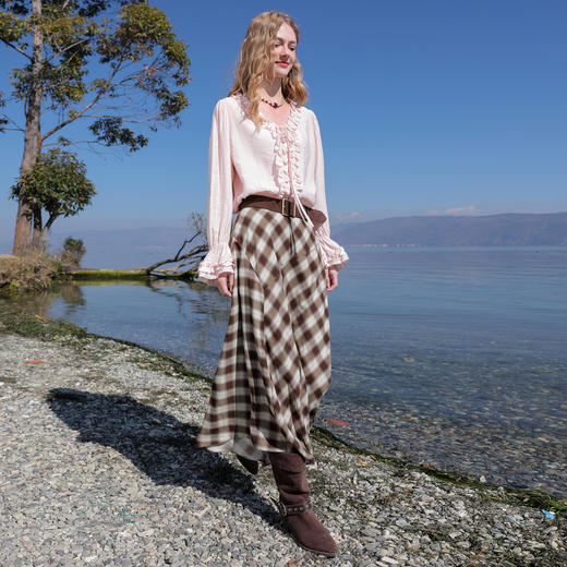 三彩2026春季新款格纹半身裙高腰不规则A字裙长裙游牧风M 商品图1