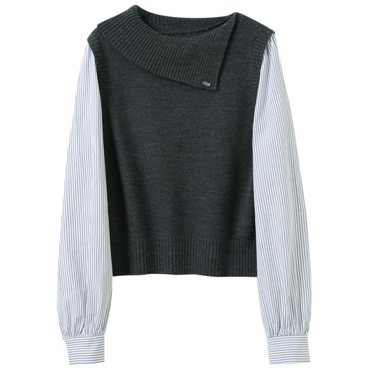 三彩2026春季新款假两件针织衫翻领拼接条纹长袖毛衫套头衫M 商品图4