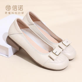 真皮蝴蝶结粗跟单鞋女通勤风软底舒适百搭小皮鞋6C2503-6