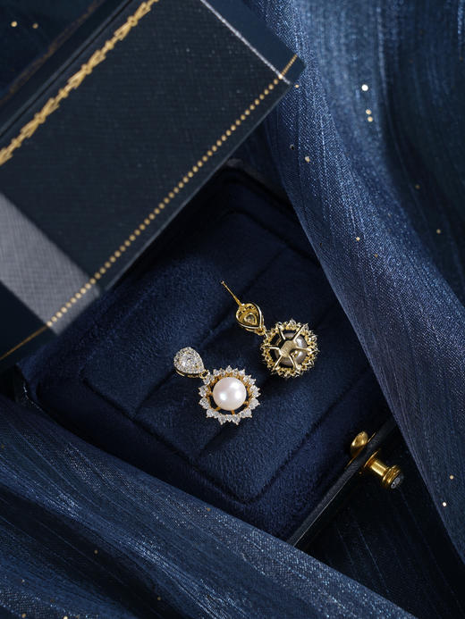 子佩集【星海花开】银S925珍珠惜王妃耳钉【XXED006】6.2mm珠镀金太阳花水滴2601 商品图3