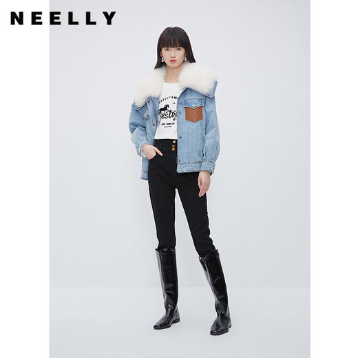 NEELLY纳俪商场同款狐狸毛领牛仔派克羽绒服女时尚潮流加厚短外套N25114L04613 商品图0