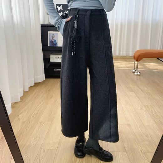 F010747后半松紧腰毛呢羊毛裤宽松直筒加绒休闲阔腿裤女秋冬裤子八分裤 商品图3