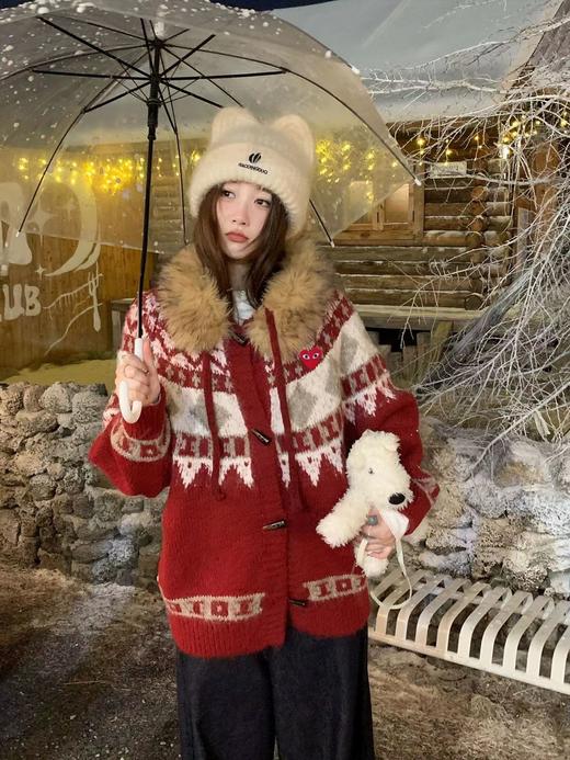 F010709酒红色费尔岛几何提花图案针织开衫女款 商品图1