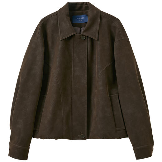 三彩2026春季新款宽松绒感仿麂皮PU外套简约夹克上衣复古拉链S 商品图4