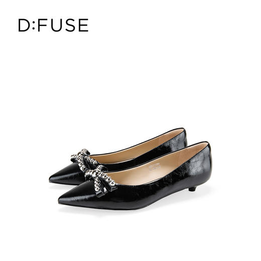 Dfuse迪芙斯2026春季新款尖头双条钉珠蝴蝶结皱纹羊皮小猫跟单鞋女鞋DFE1111050 商品图12
