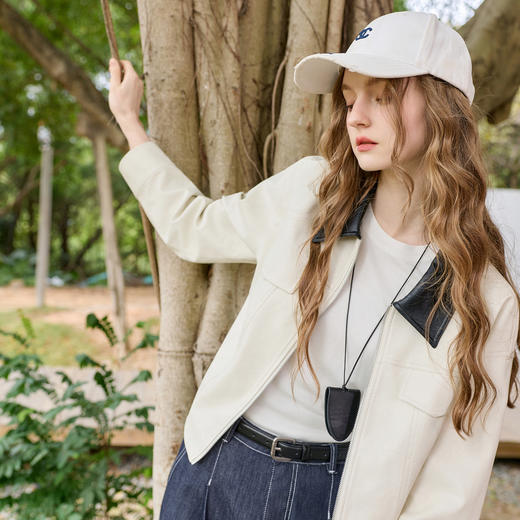 三彩2026春季新款宽松短款PU皮外套撞色翻领夹克上衣拉链开衫M 商品图3