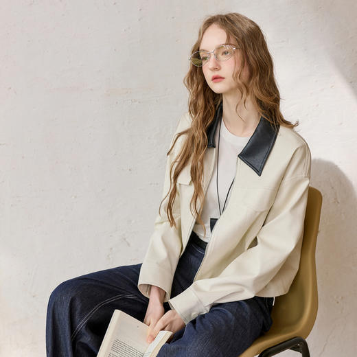 三彩2026春季新款宽松短款PU皮外套撞色翻领夹克上衣拉链开衫M 商品图2