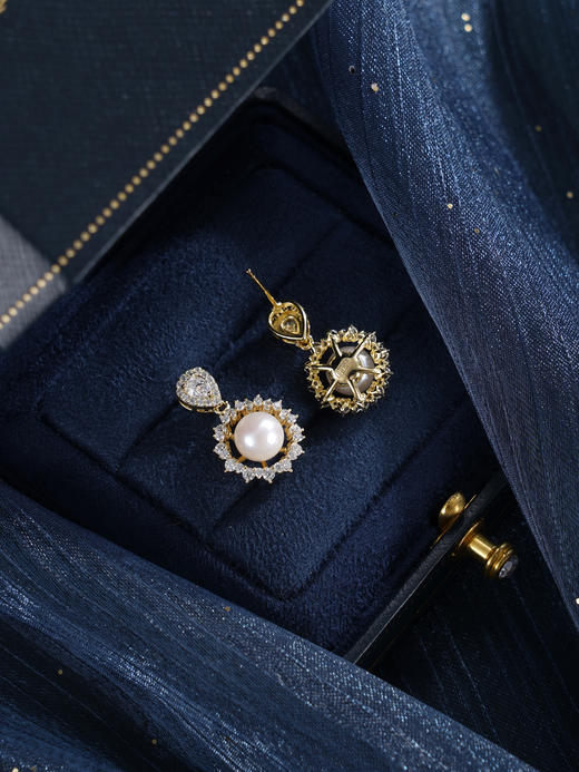 子佩集【星海花开】银S925珍珠惜王妃耳钉【XXED006】6.2mm珠镀金太阳花水滴2601 商品图4