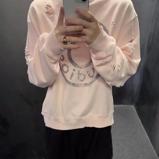 F010721破坏水洗做旧复古休闲宽松中性版圆领卫衣 商品图3