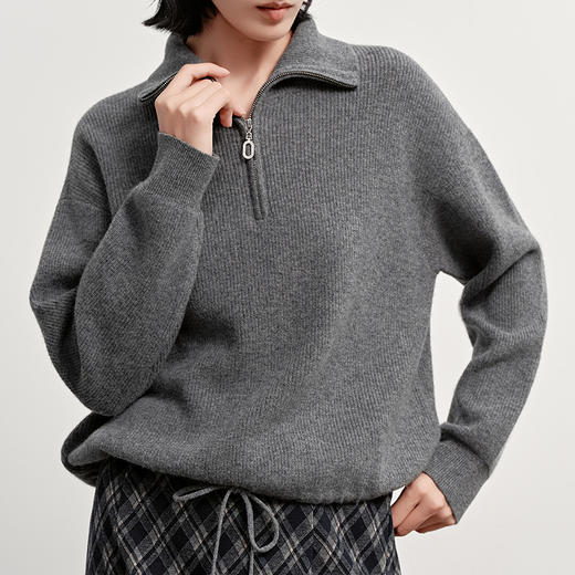 NEELLY纳俪商场同款冬新款休闲翻领半拉链针织衫女高级感灰色上衣N25112A01121 商品图2