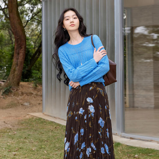 三彩2026春季新款复古压褶印花半身裙高腰长裙大摆A字垂感裙子S 商品图3