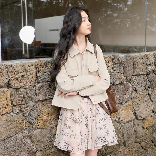 三彩2026春季新款宽松短款绒感仿麂皮PU外套简约夹克上衣复古S 商品图2