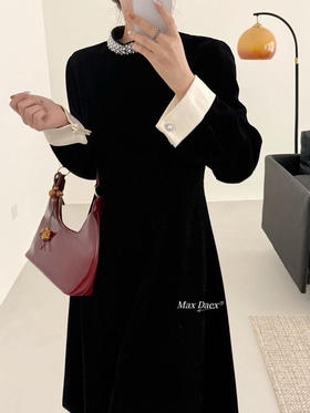 Max Daex®🇭🇰赫本风丝绒收腰连衣裙年会C位必出片 美到发晕新年战袍 经典贵气小黑裙重工镶钻款【法式优雅赫本风丝绒收腰连衣裙】