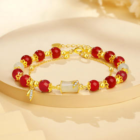 Winy S925 银镀金红瑶玉竹手链 玉髓和田玉 合成立方氧化锆带证书
