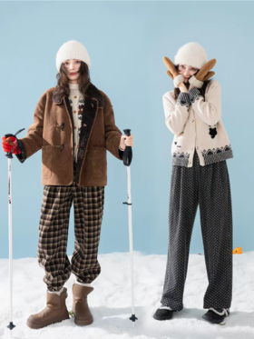 浮生八记/25D242/复古波点格纹冬日加绒高克重卫裤