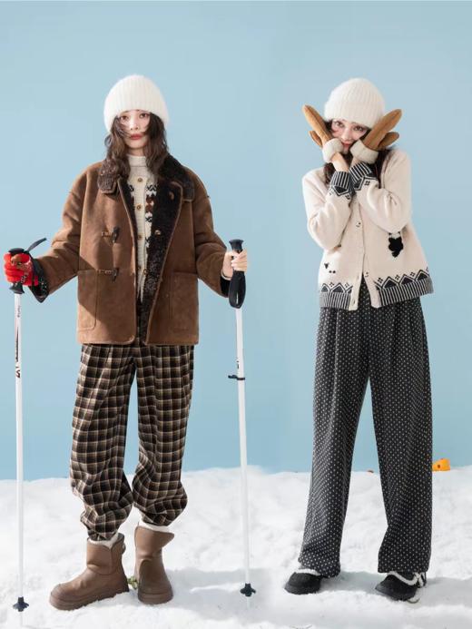 浮生八记/25D242/复古波点格纹冬日加绒高克重卫裤 商品图0